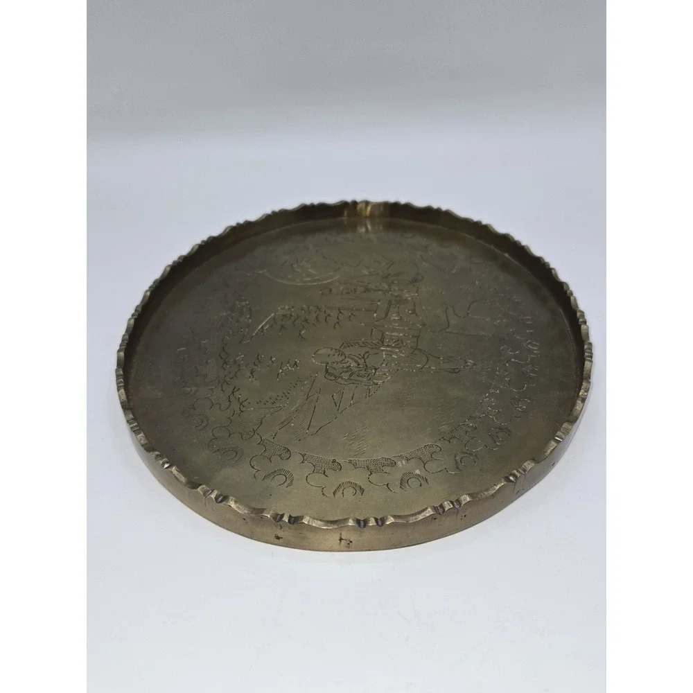 Antique Chinese Etched Brass Tea Tray with Scalloped Edge‎